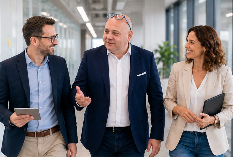 Roberto Troisi im Austausch mit einem Team im Büro